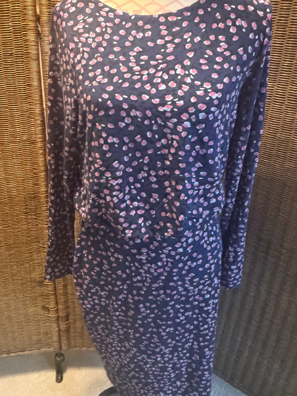Pure Collection Women's Navy Long Sleeve Blouson Printed Dress with Pink hearts